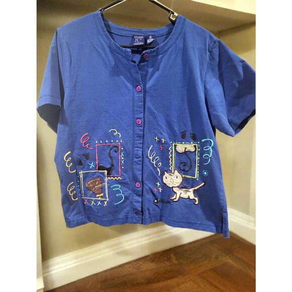 Vintage Onque Casuals Black Button Down Cats Decorative Medium Short Sleeve Top - Picture 1 of 6